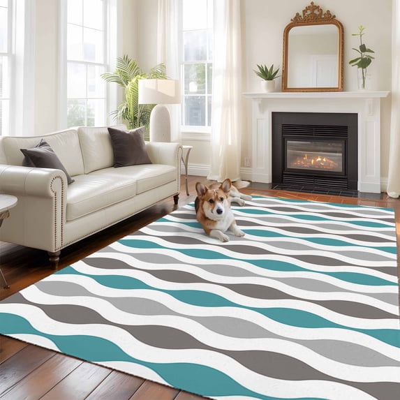 Cyan Turquoise Grey Large Area Rugs 5x8 ft Medieval Print Waves Geometric Washable Rug Non Slip Indoor Carpet Absorbent Floor Mat for Living Room Bedroom Dining Room