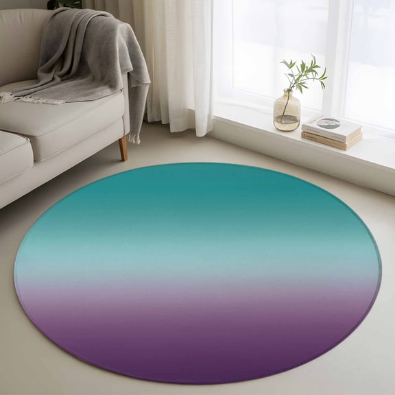 Cyan Turquoise Round Rugs for Living Room 3ft Purple Gridient Non Slip Circle Rug Washable Low-Profile Indoor Carpet for Bedroom, Dining Room, Bathroom