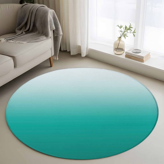 Cyan Turquoise Round Rugs for Living Room 3ft Gradient Non Slip Circle Rug Washable Low-Profile Indoor Carpet for Bedroom, Dining Room, Bathroom