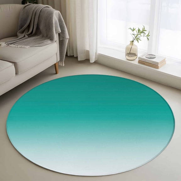 Cyan Turquoise Round Rugs for Living Room 4ft Gradient Non Slip Circle Rug Washable Low-Profile Indoor Carpet for Bedroom, Dining Room, Bathroom