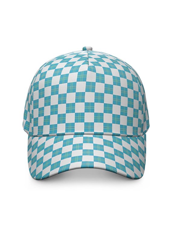 Cyan and White Checkered Pattern Baseball Cap, Outdoor Travel Cap with Snap Closure & Sweatband, Breathable Eyelets Gifts for Birthday Christmas Thanksgiving