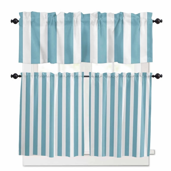 Cyan and White Striped Kitchen Curtains Valances and Tiers Set of 3, Geometric 24 Inch Length Tier Curtains and Valance Rod Pocket Valance Curtains Set for Kitchen Bathroom Small Windows