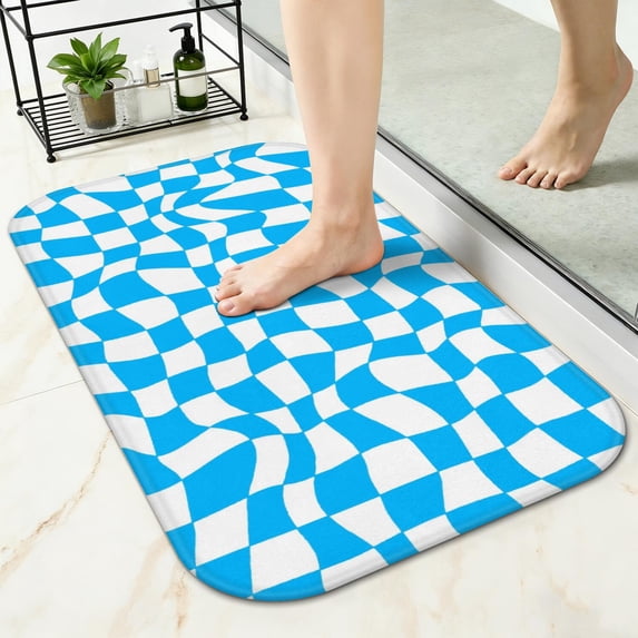 Cyan and White Wavy Checkered Pattern Non-Slip Bath Mat, Entryway Door ...