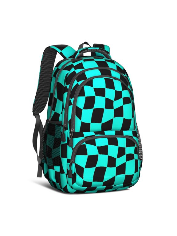 Cyan and Black Wavy Checkered Pattern Backpack for School, Cute School Bag with Adjustable Shoulder Straps and Padded Back, 16.9"x12.6"x5.9"