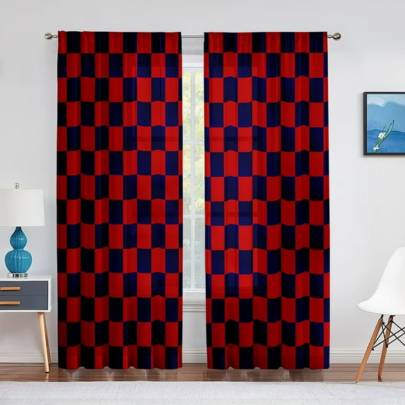 Cyan and Pink Checkered pattern Tulle Curtains for Living Room Bedroom Kitchen Hotel rations Chiffon Sheer Window Curtain
