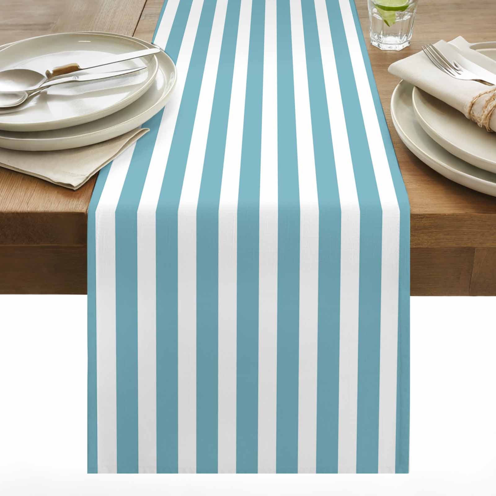 Cyan and White Striped Table Runner 13x120 inch Gradient Cotton Linen Dining Table Runner Ideal for Dresser Kitchen Coffee Tables - Machine Washable