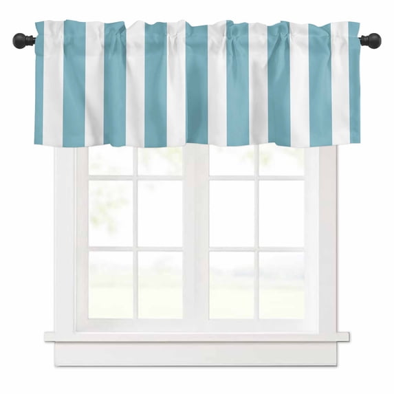 Cyan and White Striped Valances for Windows Gradient Rod Pocket Curtain Valance Window Treatment Short Curtains for Kitchen Living Room, 60"x14"