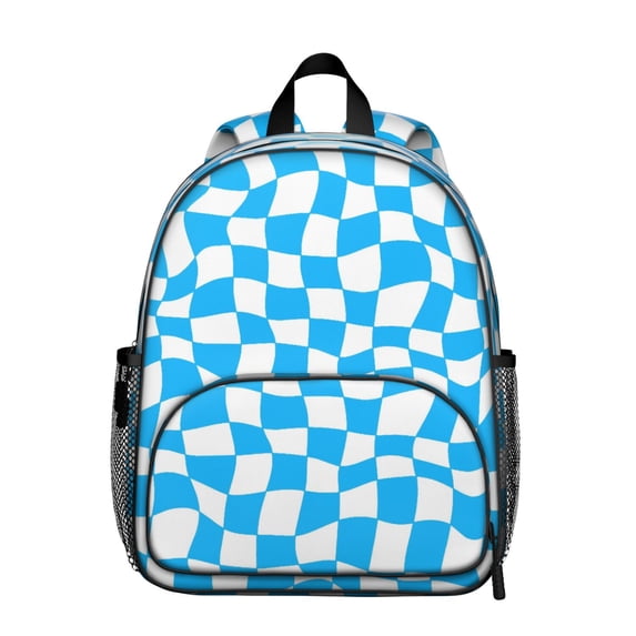 Cyan and White Wavy Checkered Pattern Backpack for School, Cute School Bag with Adjustable Shoulder Straps and Padded Back, 13.8"x11.4"x6"