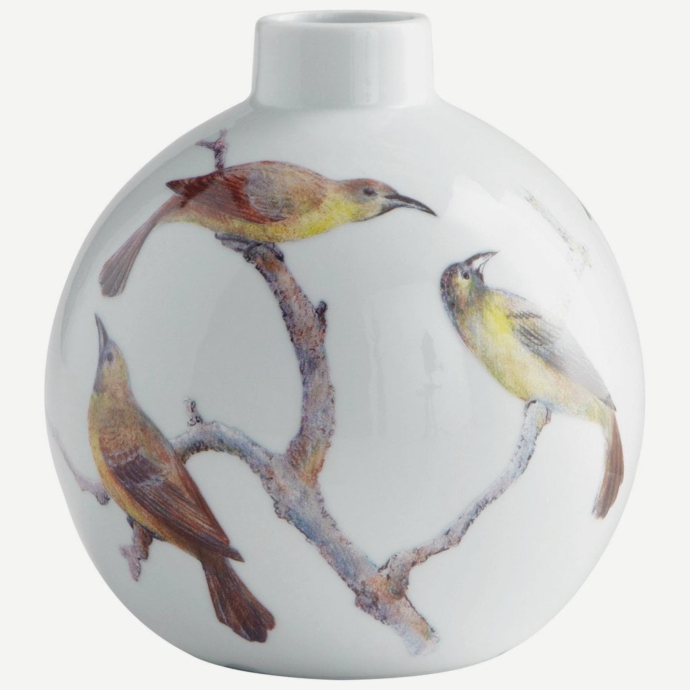 Contemporary White Ceramic Bud Vase with Bird Motif, 7" Height