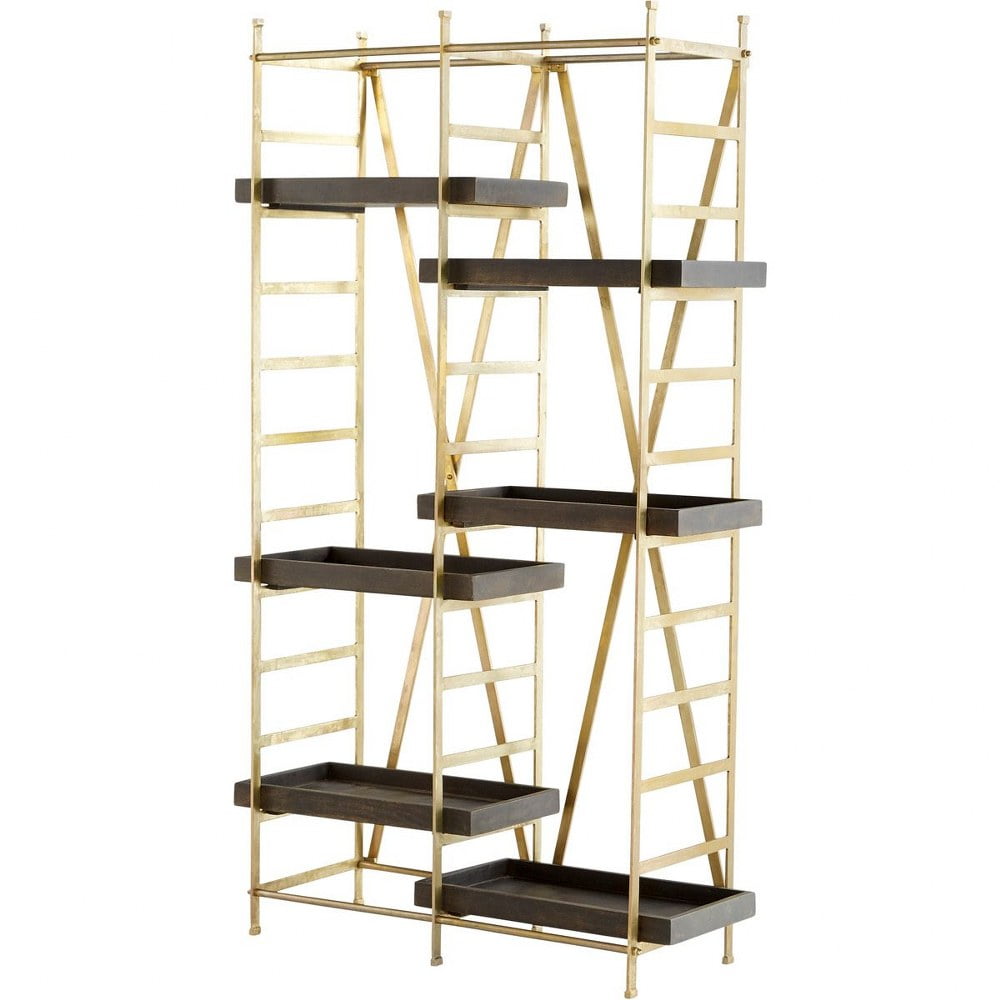 Gold and Gray Iron and Wood Etagere Bookshelf