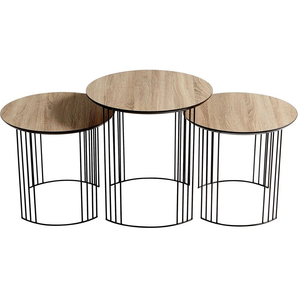 Contemporary Black and Brown Round Oak Veneer Nesting Tables