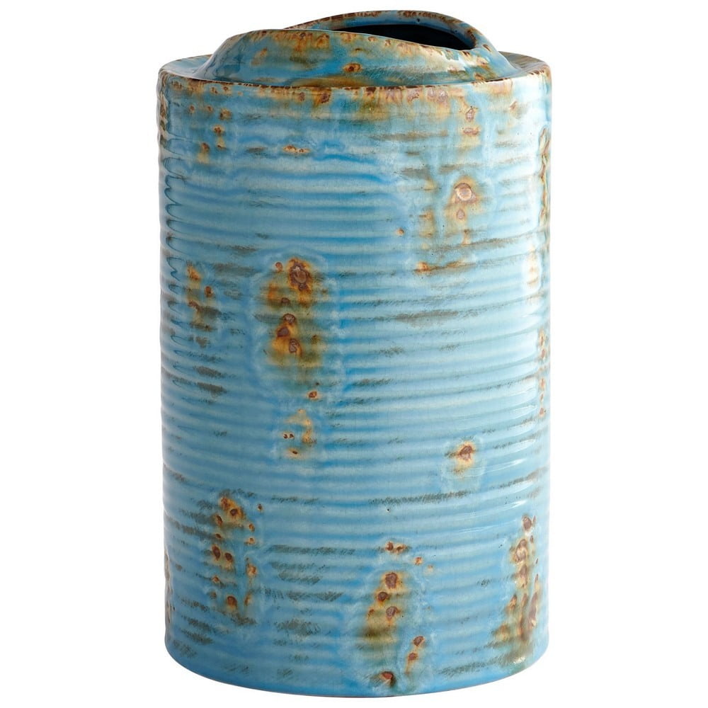 Medium Blue Terracotta Ribbed Texture Indoor/Outdoor Vase