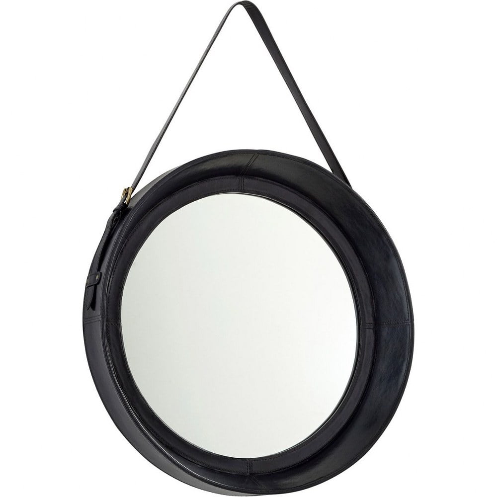 Contemporary Navy Blue Round Wooden Mirror with Blue Leather Strap