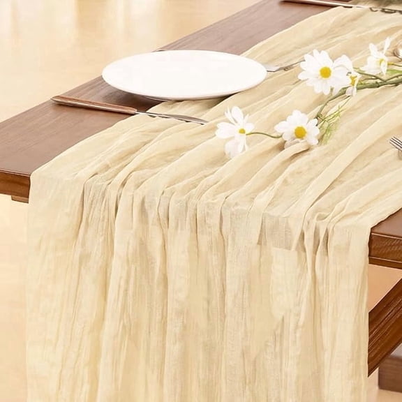Cyancloud 120-inch Boho Cheesecloth Table Runner, Rustic Gauze Sheer Fabric for Wedding and Holiday Party Decor, Beige