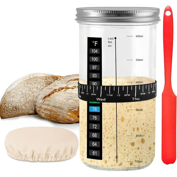 CyanCloud Sourdough Starter Jar Kit Sourdough Bread Starter Kit 750ml Sourdough Starter Jar with Thermometer, Silicone Scraper, Cloth Cover and Metal Lid, Reusable Sour Dough Bread Baking Supplies