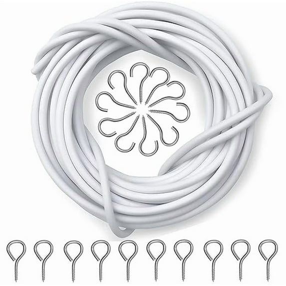 CyanCloud White Curtain Wire 8 Meter With 10 Hooks & 10 Eyes, Durable Window Net Rod for Clothesline Hanging