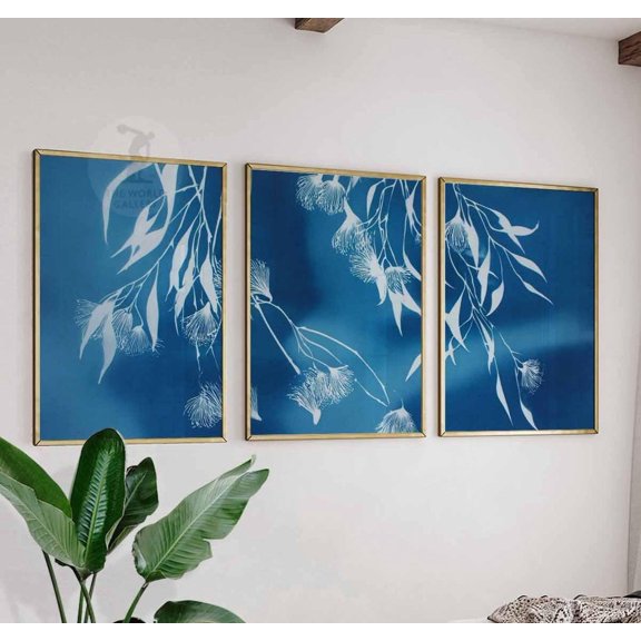 Cyanotype Botanical Wall Art Prints Blue Leaf Modern Nature Home Decor Set 3 Unframed Paper Print 20x30
