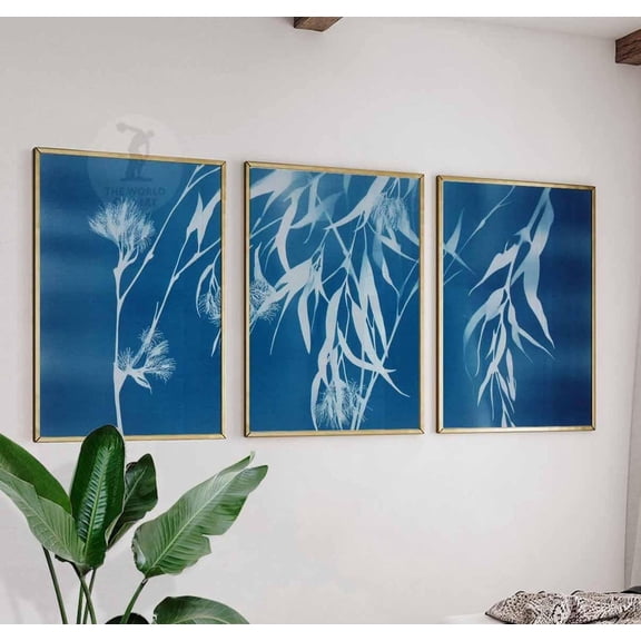 Cyanotype Botanical Wall Art Prints Blue Leaf Modern Nature Home Decor Version 3 Set 3 Stretched Canvas 8x12