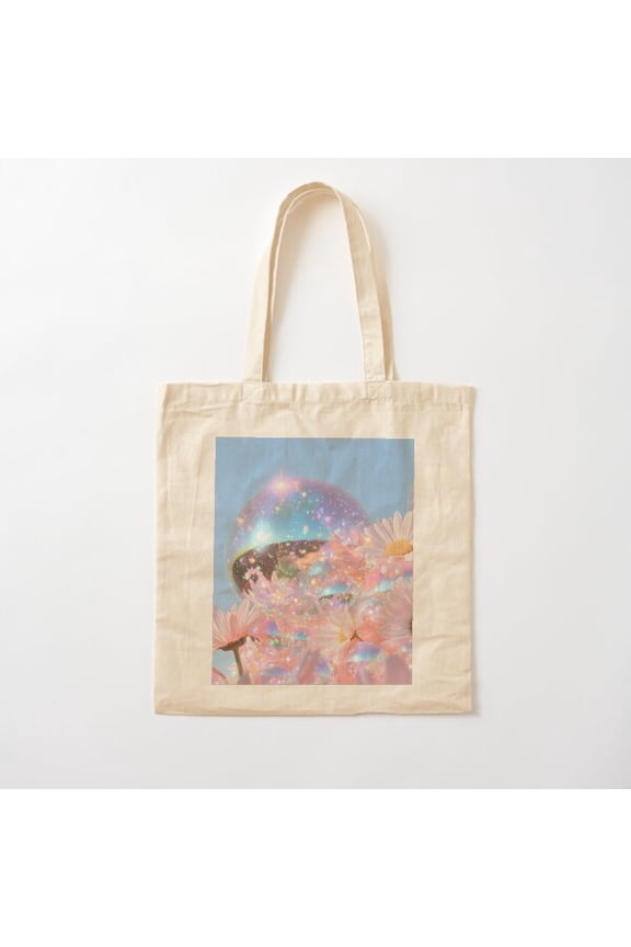 Cyber Bloom, Hologram Garden, Neon Nature Canvas Tote Bags, Reusable Shopping Bag