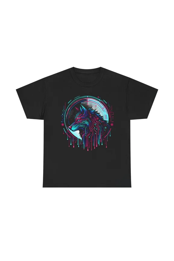 Cyber Canis Lupus Wolf Circuit Design Neon Techwear Aesthetic Unisex T-Shirt, up to Size 5XL