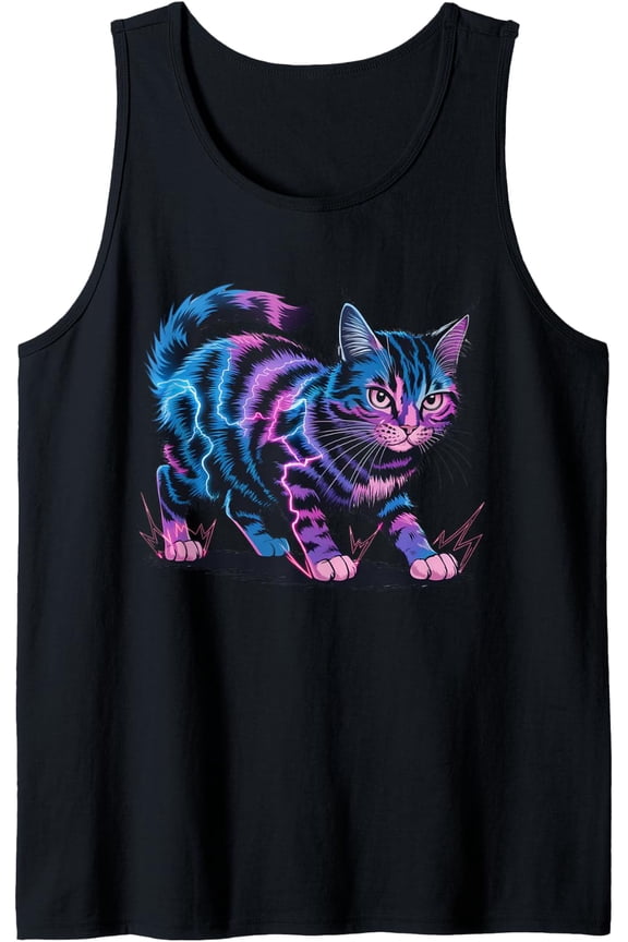 Cyber Cat Lightning Electric Glow Futuristic Energy Tank Top Size S-3XL