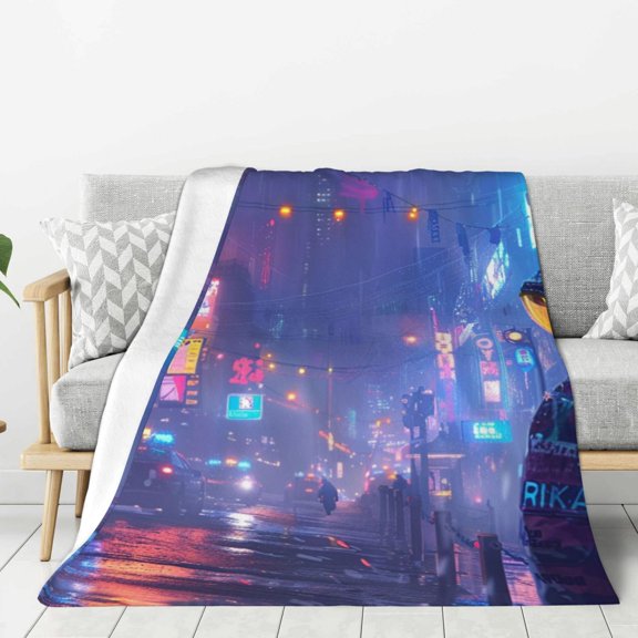 Cyber City Punk Throw Blanket for Stylish Warm Winter Cabin Ultra-Soft Micro Fleece Blanket, Premium Microfiber, Silky Soft, Plush, Warm and Lightweight for Couch, Sofa, Bed - 50"X40"