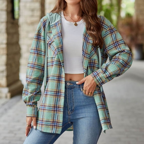 Cyber Deal Womens Plaid Shacket Jacket Button Down Hooded Jackets,Women's 2024 Fall Winter Classic Long Sleeve Plaid Hooded Drawstring Single Breasted Cardigan Tops with Front Breast Pockets