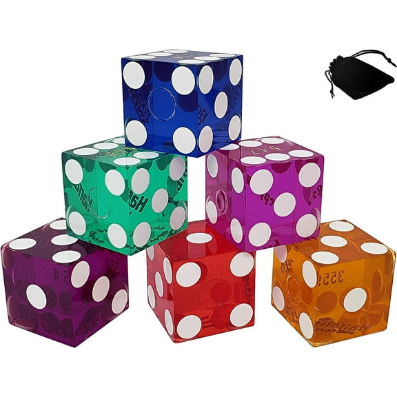 Cyber-Deals Multi-Colored Lot of (6) 19mm Genuine Casino Dice Rainbow Colors with Storage Pouch