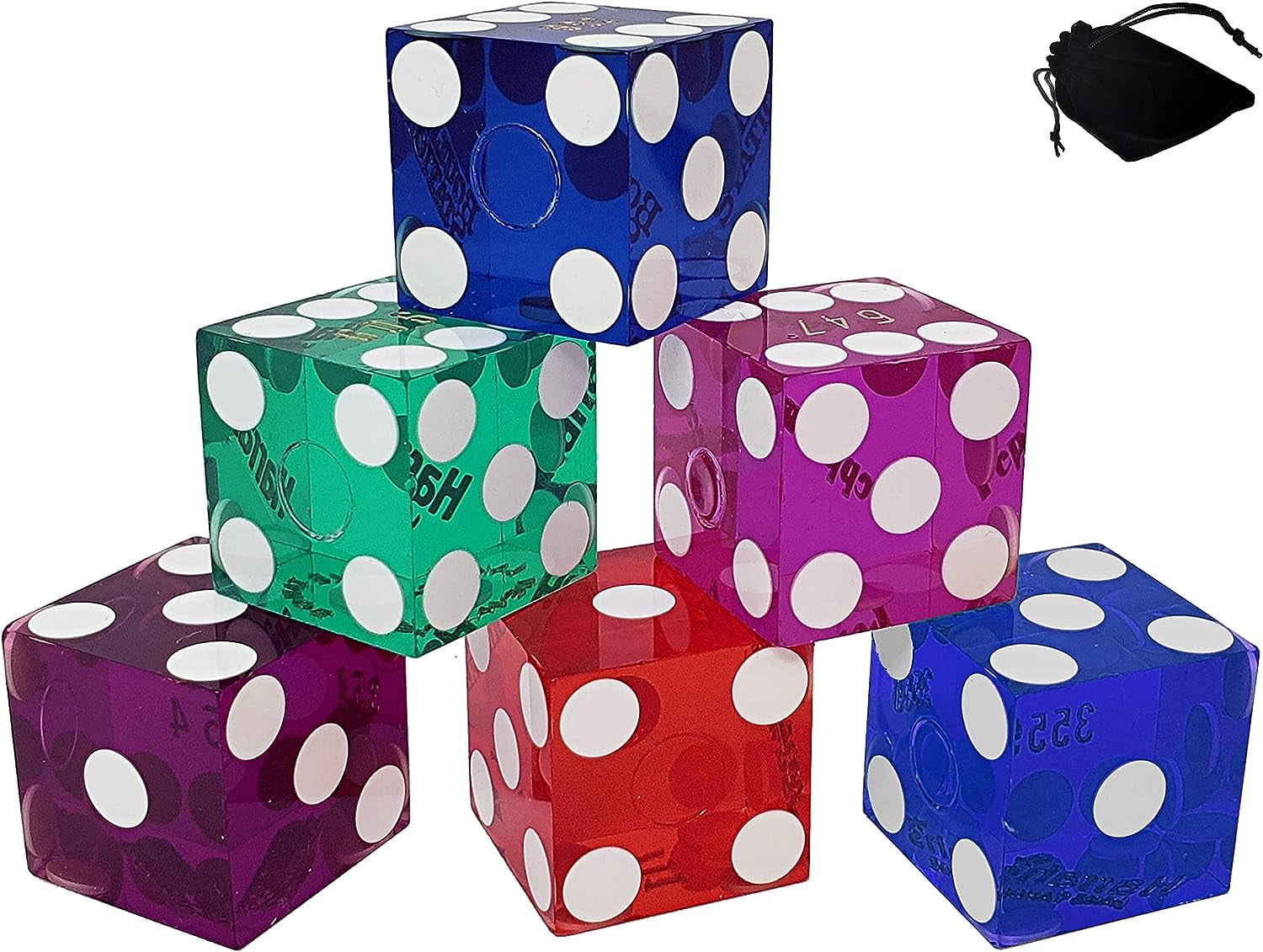 Cyber-Deals Random Assortment Lot of (6) Genuine Las Vegas Casino 19mm Dice Multi-Colors Polished Finish with Storage Pouch