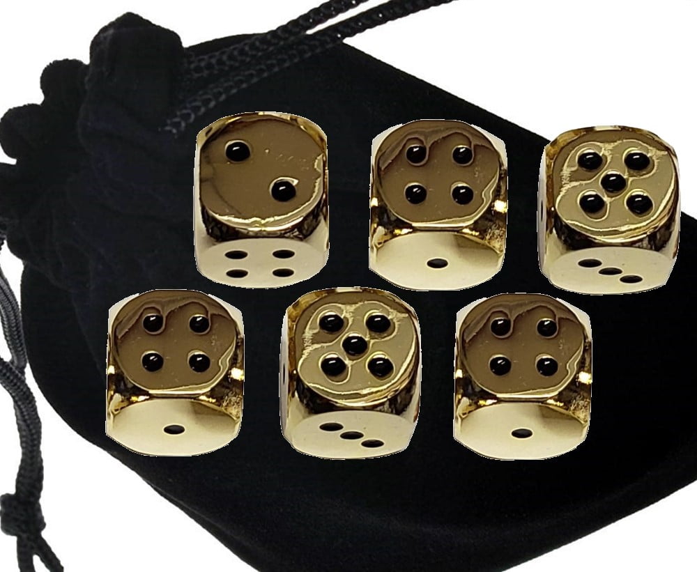 Cyber-Deals Set of (6) Solid Zinc Alloy Metal Polished Finish 16mm Dice (Gold with Black Dots) with Black Velvet Cloth Pouch