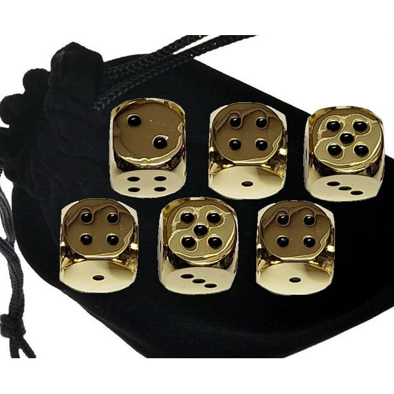 Cyber-Deals Set of (6) Solid Zinc Alloy Metal Polished Finish 16mm Dice (Gold with Black Dots) with Black Velvet Cloth Pouch