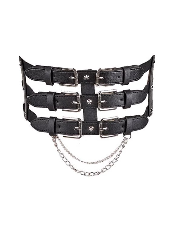 Cyber Goth Lolita Waist Belt - Women's Waistband with Multiple Buckles and Chains