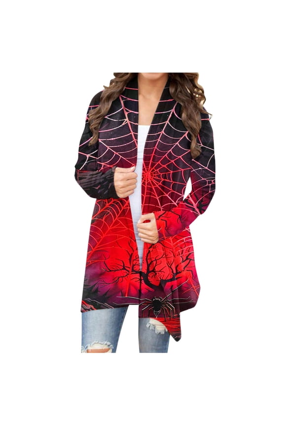 Halloween Costumes for Women Cute Pumpkin Print Open Front Lightweight Cardigan Casual Long Sleeve Plus Size Coat Top