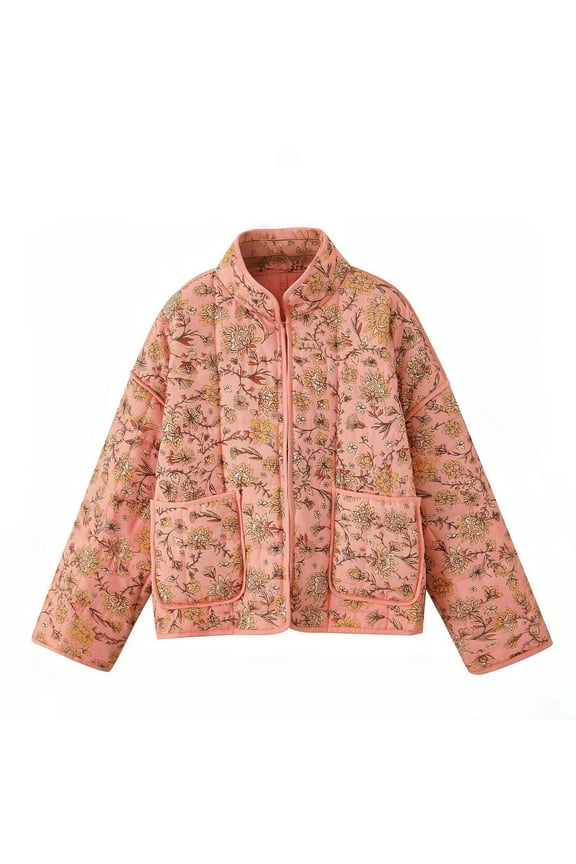 Women Y2K Cropped Quilted Jackets Floral Print Open Front Lightweight Puffer Jacket Padded Quilted Cardigan Coats