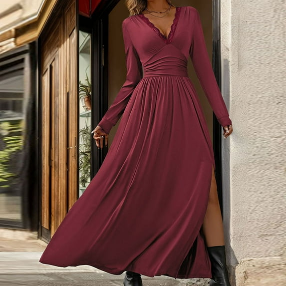 Cyber**Monday ChaoHeng Casual Fall Dresses for Women Women's Fashion Casual Solid Color High-Waist Lace Long Sleeve V-Neck Dress