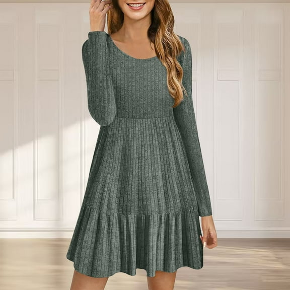 Cyber**Monday ChaoHeng Fall Dresses for Women 2025 Women's Solid Color Ribbed Knit Sweater Dress,Long Sleeve Round Neck Tunic Dress