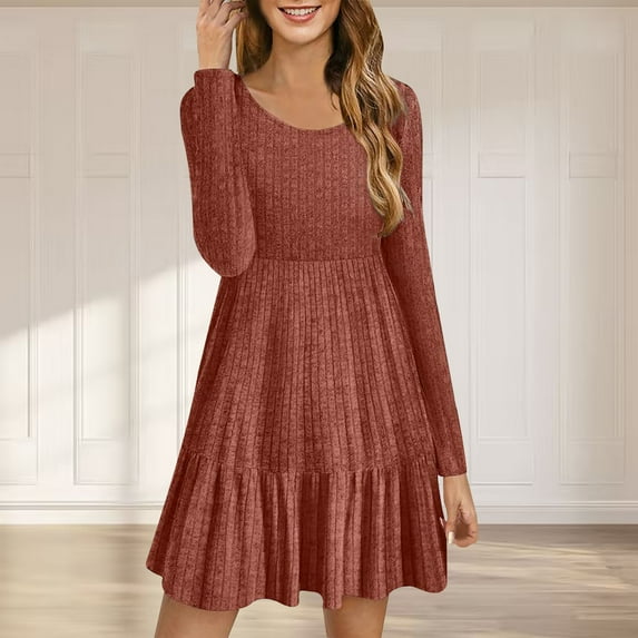Cyber**Monday ChaoHeng Fall Dresses for Women 2025 Women's Solid Color Ribbed Knit Sweater Dress,Long Sleeve Round Neck Tunic Dress