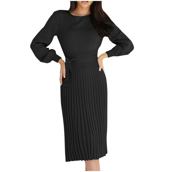 Cyber**Monday ChaoHeng Fall Dresses for Women Women's Pleated Midi Sweater Dress with Belt,Long Sleeve Round Neck Knee-Length Dress