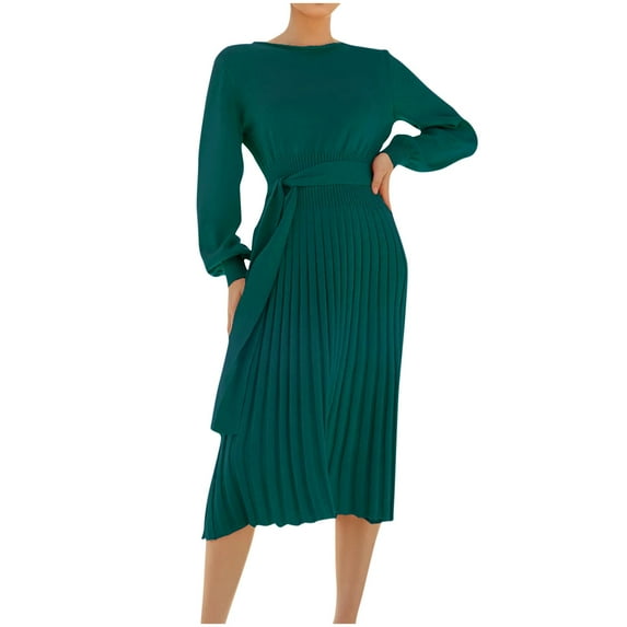 Cyber**Monday ChaoHeng Fall Long Sleeve Dresses for Women Women's Pleated Midi Sweater Dress with Belt,Long Sleeve Round Neck Knee-Length Dress