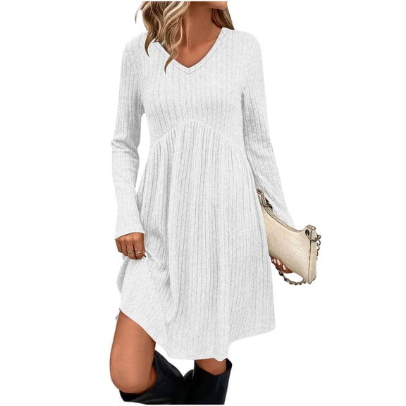 Cyber**Monday ChaoHeng Fall Long Sleeve Dresses for Women Women's Solid Color Casual Long Sleeve V-Neck Dress with Pockets and Belt