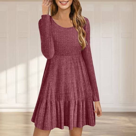 Cyber**Monday ChaoHeng Fall Long Sleeve Dresses for Women Women's Solid Color Ribbed Knit Sweater Dress,Long Sleeve Round Neck Tunic Dress