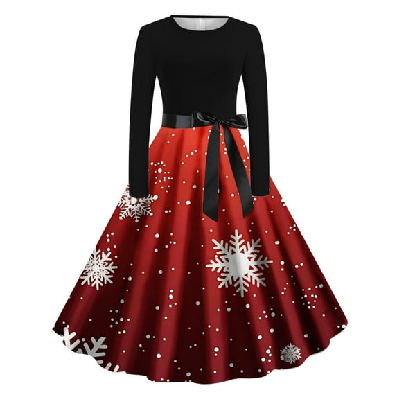 Cyber**Monday ChaoHeng Long Fall Dresses for Women 2025 Women's Long Sleeve Round Neck Christmas Print A-Line Party Dress