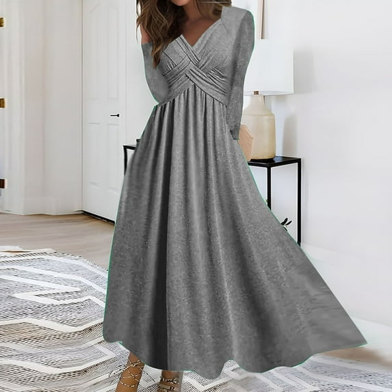 Cyber**Monday ChaoHeng Womens Fall Dresses 2025 Women's Fall Winter Solid Color Casual Cross V-Neck Long Sleeve Lounge Dress