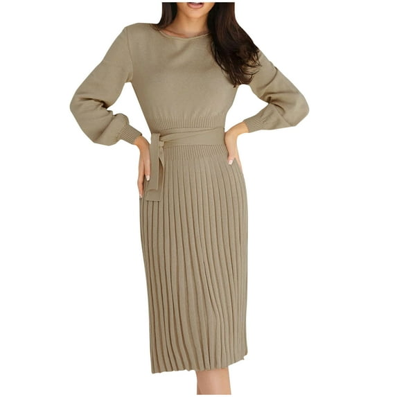 Cyber**Monday ChaoHeng Womens Fall Dresses 2025 Women's Pleated Midi Sweater Dress with Belt,Long Sleeve Round Neck Knee-Length Dress
