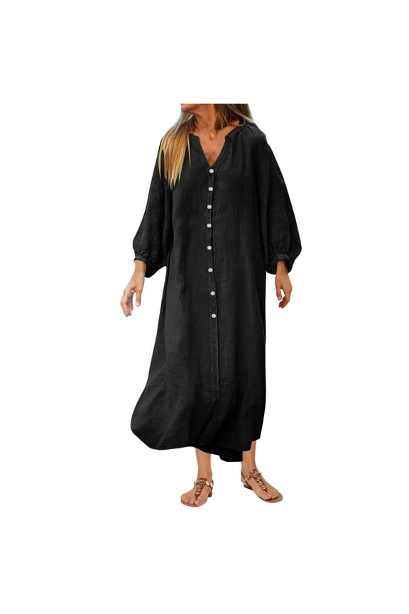 Cyber**Monday ChaoHeng Womens Long Sleeve Dresses Women's Solid Color Linen Blend Shirt Dress with Long Sleeves