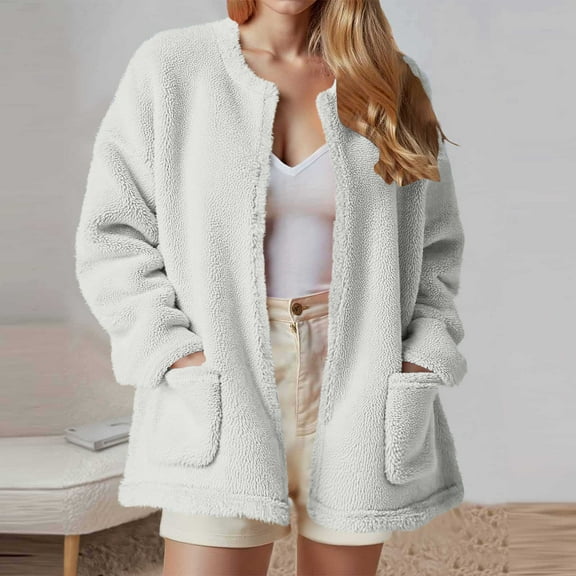 Cyber*Monday Chaoheng Fall Clothes Women Outerwear Women's Plush Sherpa Jacket,Side Pocket Fleece Lined Winter Coat without Hood