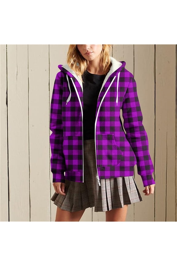 Cyber**Monday Chaoheng Long Winter Coats for Women Women's Plaid Print Hooded Jacket,Drawstring Waist Zip Front Shacket