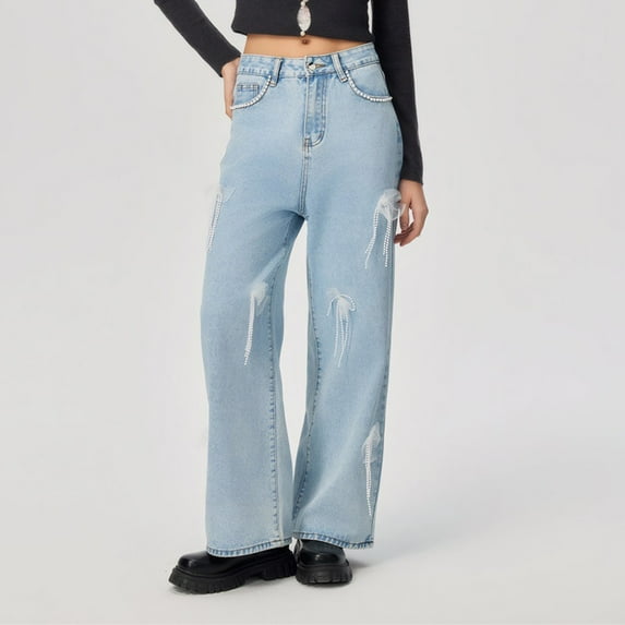 Cyber*Monday Chaoheng Plus Size Pants for Women Women's High Waist Straight Leg Jeans,Vintage Retro Denim with Pockets