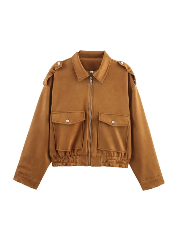 Cyber**Monday Chaoheng Winter Coats for Women 2025 Women's Suede-Look Blazer,Zip Front Structured Jacket withPockets