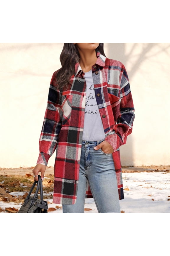 Cyber*Monday Chaoheng Womens Winter Jacket Women's Plaid Tweed Jacket,Asymmetrical Print Button Front with Chest Pocket